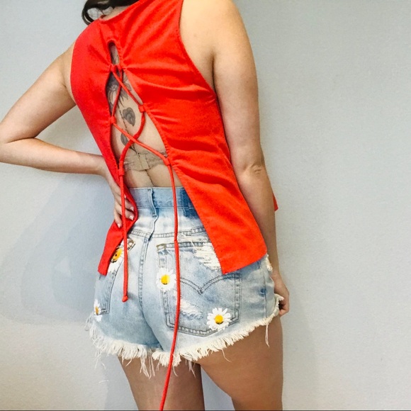 Free people red orange lace up back tank top - Picture 5 of 8
